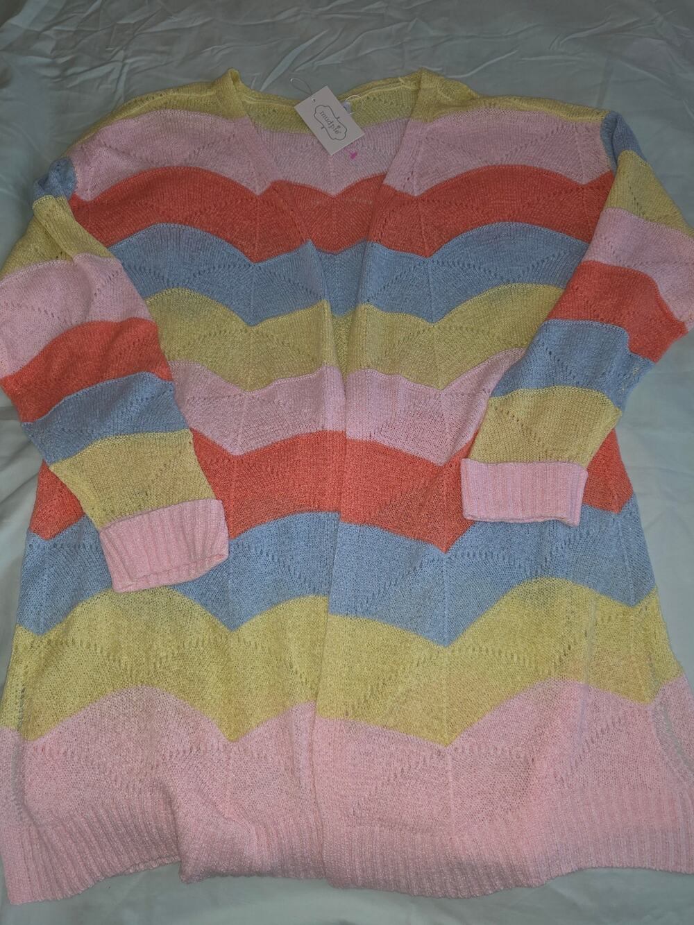 NWT Mud Pie Parker Cardigan Pastel Rainbow Scallop Open Knit Sweater Boho S/M